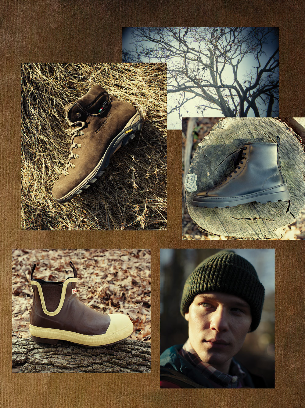 Clockwise from top: Zamberlan lightweight hiking boot with Gore-Tex Extended Comfort waterproof membrane and Vibram Pillow outsole; Camper combat-inspired boot with PU footbeds; acid-and chemical-resistant steel-toe boot by Xtratuf.