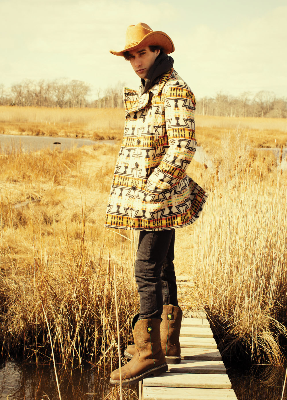 Composite safety-toe Skechers x John Deere work boots with Goodyear welt construction; Schott jacket; Carhartt sweatshirt; Levi’s jeans; Stetson hat.
